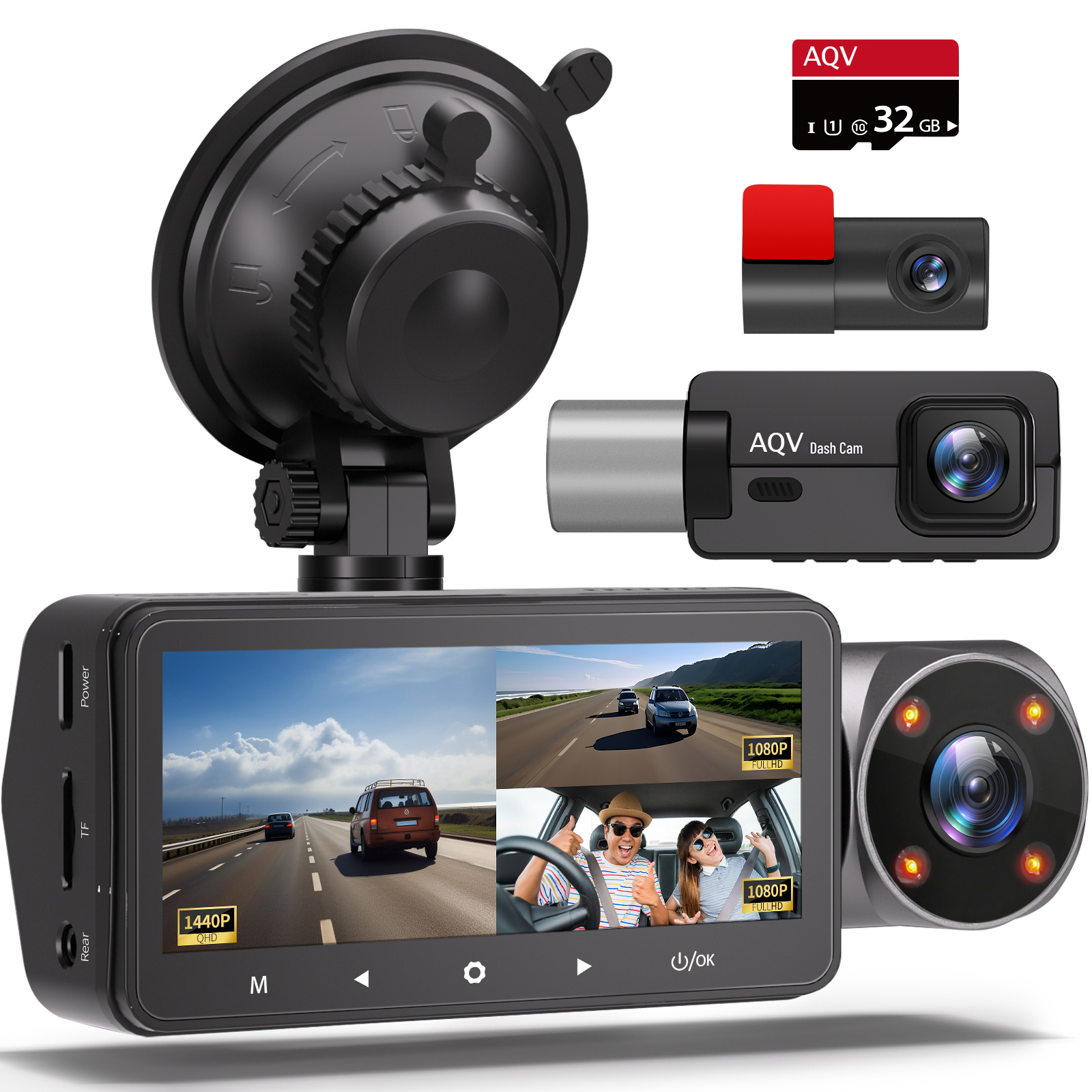 AQV Dashcam Car 2K 1440P+1080P+1080P Dashcam Front Rear and Indoor 3 Lens Car Camera, Infrared Night Vision, with 32GB SD Card, G-Sensor, Loop Recording, WDR, Parking Monitoring, Max. 128GB